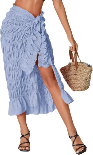 Umenlele Women's Smocked Ruched Tie Knot Ruffle Beach Sarongs Swimsuit Cover Up Split Maxi Skirt