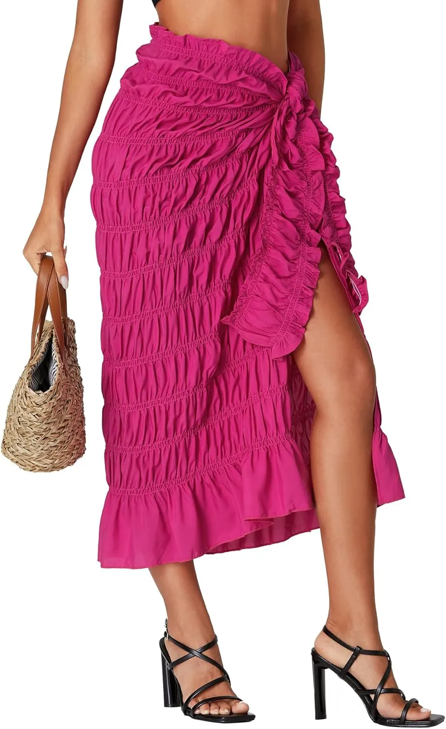 Umenlele Women's Smocked Ruched Tie Knot Ruffle Beach Sarongs Swimsuit Cover Up Split Maxi Skirt