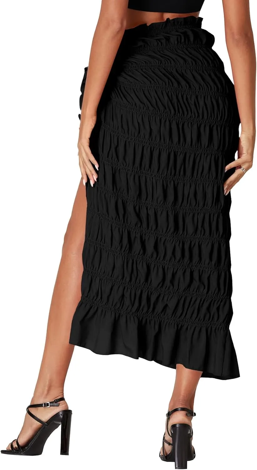 Umenlele Women's Smocked Ruched Tie Knot Ruffle Beach Sarongs Swimsuit Cover Up Split Maxi Skirt