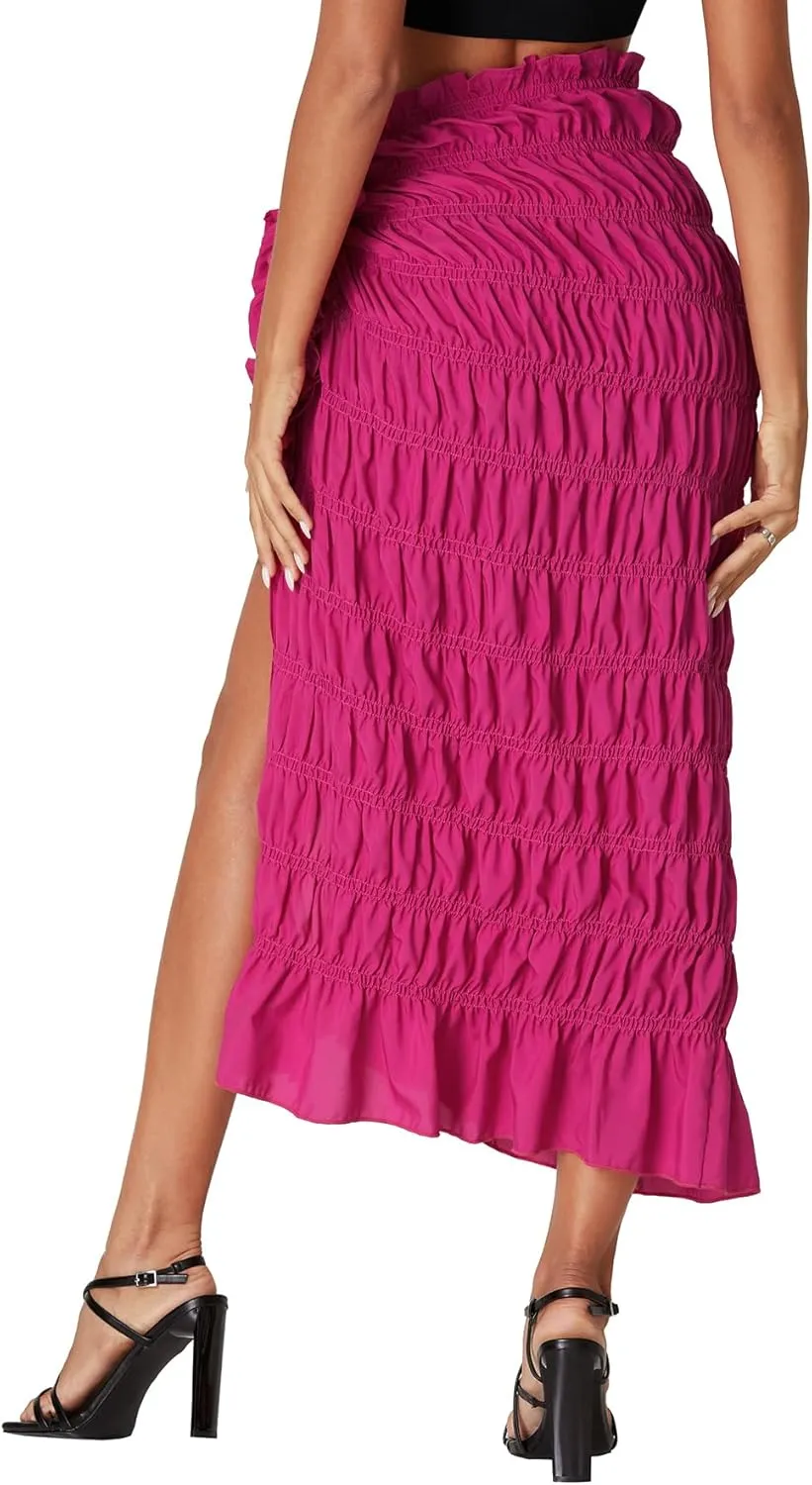 Umenlele Women's Smocked Ruched Tie Knot Ruffle Beach Sarongs Swimsuit Cover Up Split Maxi Skirt