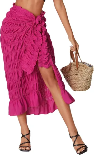 Umenlele Women's Smocked Ruched Tie Knot Ruffle Beach Sarongs Swimsuit Cover Up Split Maxi Skirt