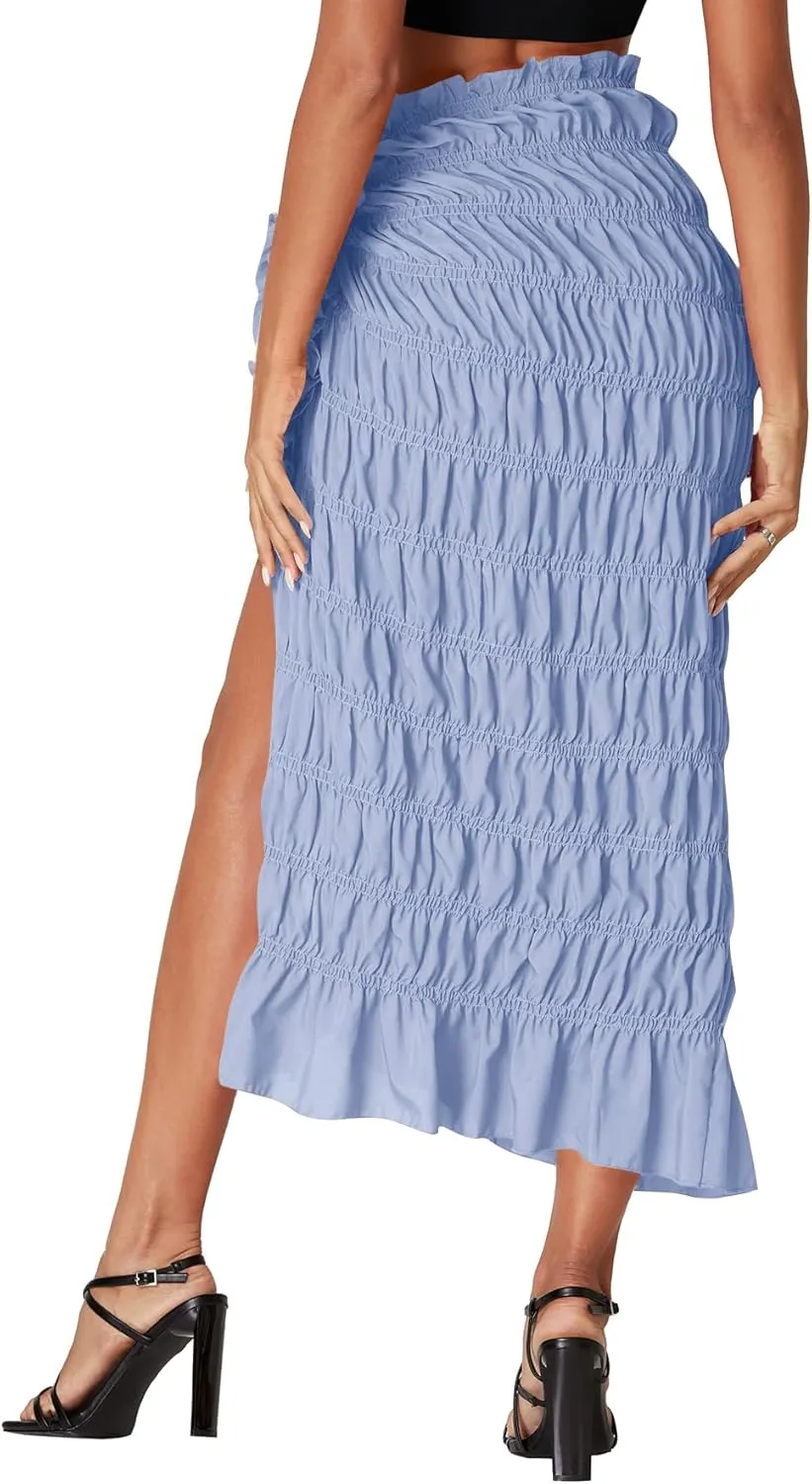 Umenlele Women's Smocked Ruched Tie Knot Ruffle Beach Sarongs Swimsuit Cover Up Split Maxi Skirt