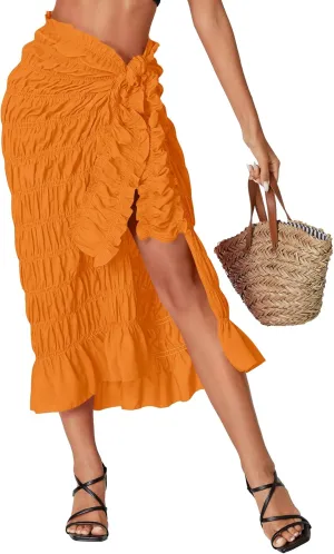 Umenlele Women's Smocked Ruched Tie Knot Ruffle Beach Sarongs Swimsuit Cover Up Split Maxi Skirt