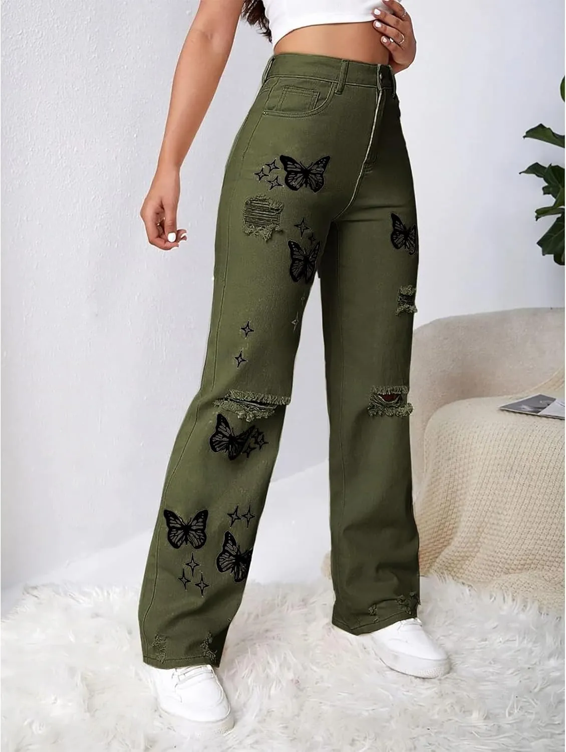 Viatabuna High Waisted Baggy Ripped Jeans for Teen Girls Women Straight Leg Fashion Distressed Boyfriend Denim Pants
