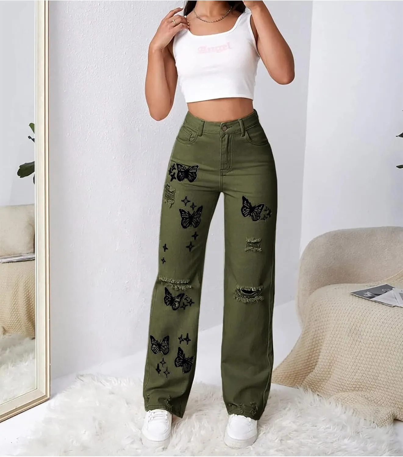 Viatabuna High Waisted Baggy Ripped Jeans for Teen Girls Women Straight Leg Fashion Distressed Boyfriend Denim Pants