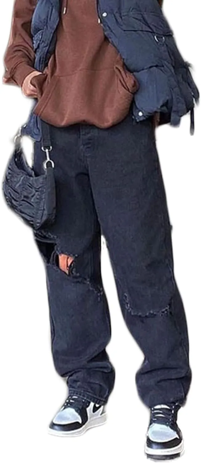 Viatabuna High Waisted Baggy Ripped Jeans for Teen Girls Women Straight Leg Fashion Distressed Boyfriend Denim Pants