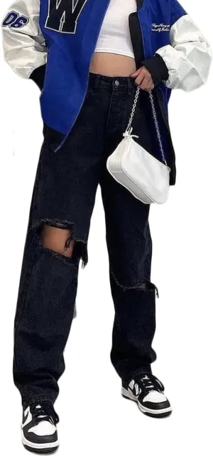 Viatabuna High Waisted Baggy Ripped Jeans for Teen Girls Women Straight Leg Fashion Distressed Boyfriend Denim Pants