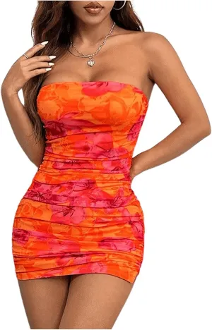 WDIRARA Women's Floral Print Sexy Strapless Pleated Tube Mini Dress Short Bodycon Dresses Coral Orange Petite-S