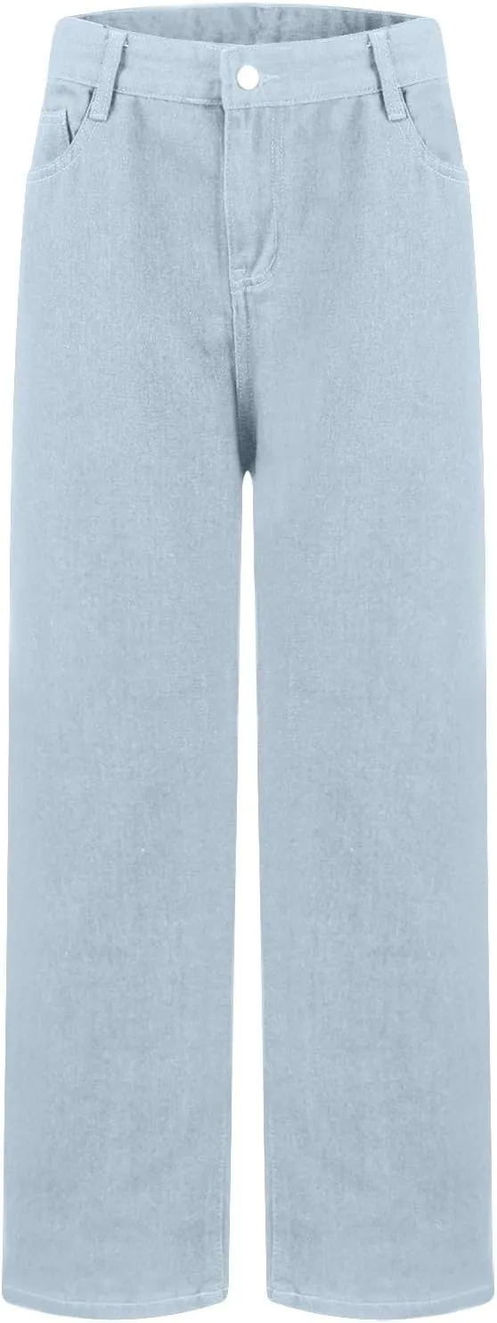Wide Leg Jeans for Women Cropped High Waisted Trendy Button Fly Patch Pockets Stretchy Denim Pants Trousers Jeans