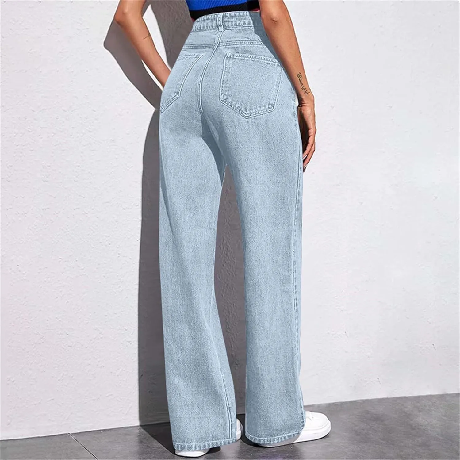 Wide Leg Jeans for Women Cropped High Waisted Trendy Button Fly Patch Pockets Stretchy Denim Pants Trousers Jeans