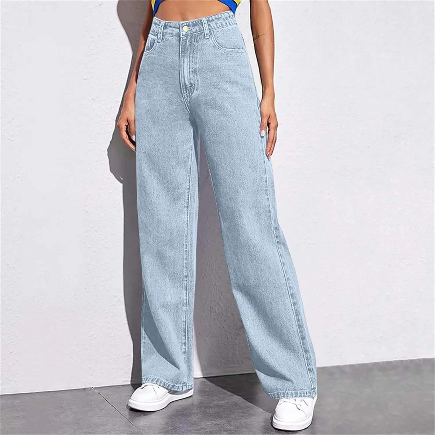 Wide Leg Jeans for Women Cropped High Waisted Trendy Button Fly Patch Pockets Stretchy Denim Pants Trousers Jeans