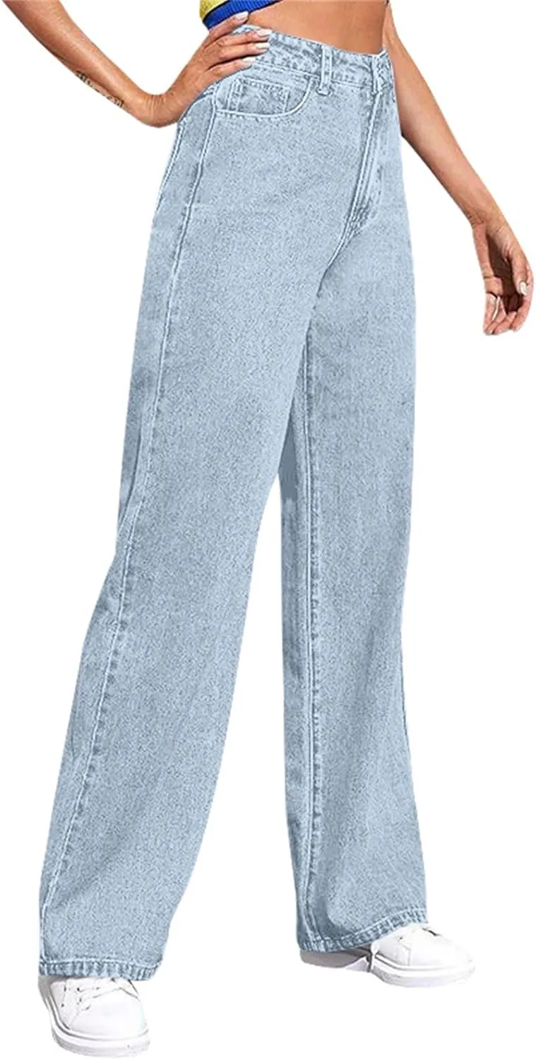 Wide Leg Jeans for Women Cropped High Waisted Trendy Button Fly Patch Pockets Stretchy Denim Pants Trousers Jeans