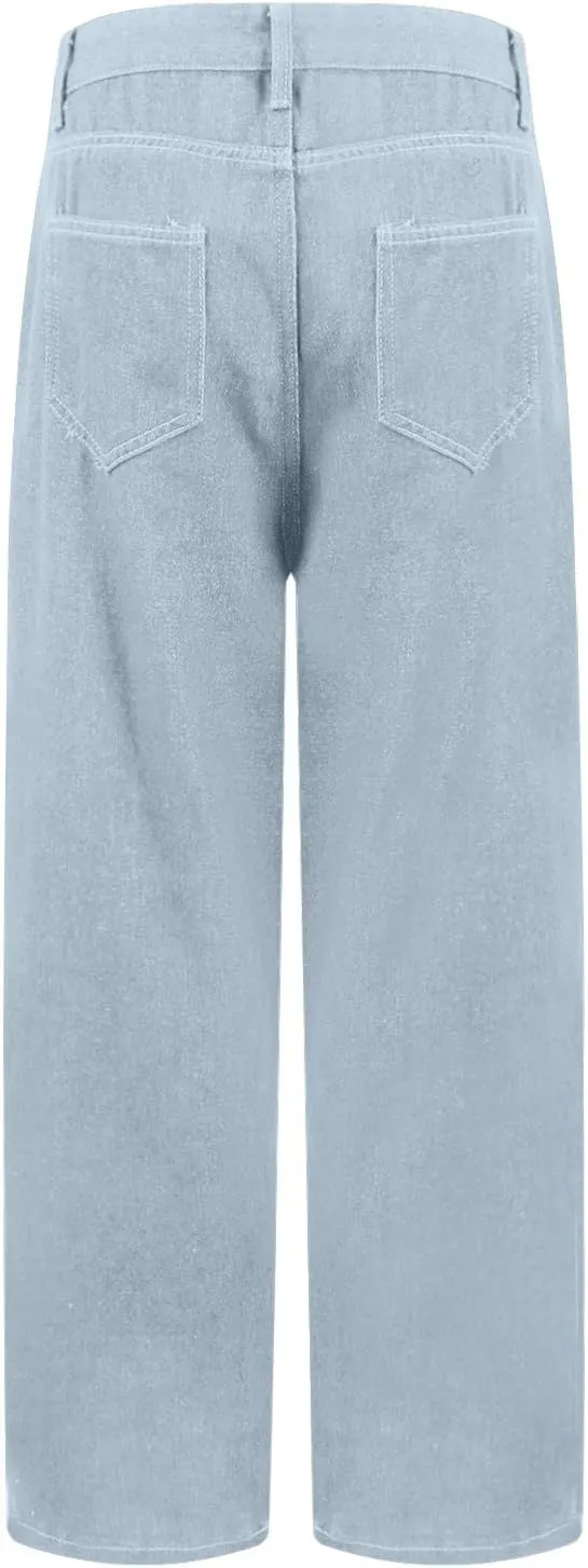 Wide Leg Jeans for Women Cropped High Waisted Trendy Button Fly Patch Pockets Stretchy Denim Pants Trousers Jeans