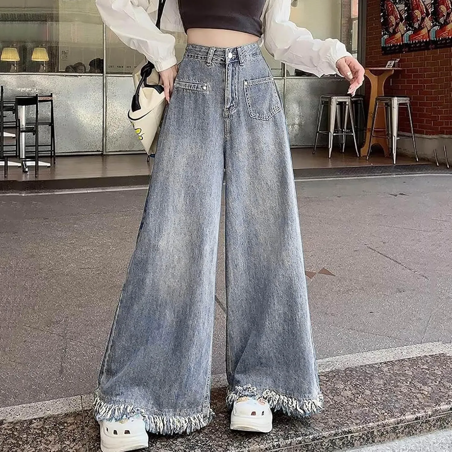 Wide Leg Jeans Woman High Waisted Frayed Raw Hem Denim Pants Fashion Loose Bootcut Jeans Casual Sweet Flare Jeans
