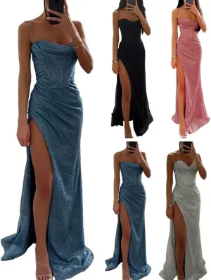 Woman Spring Summer Bodycon Dress Sexy Shiny Sequins Spaghetti Strap Split High Waist Dress Lady Prom Dress Evening Dresses