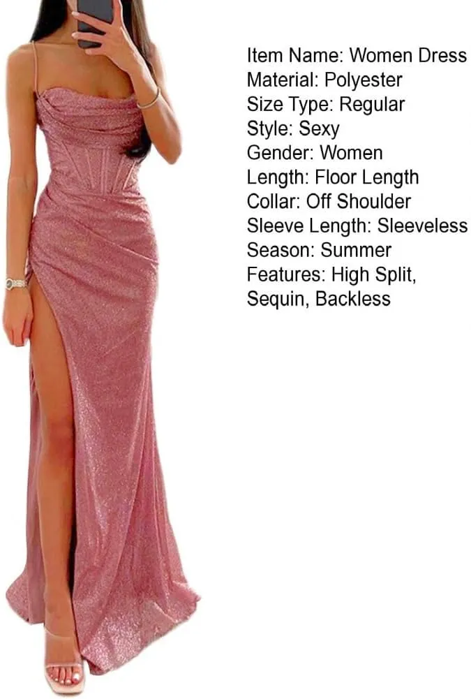 Woman Spring Summer Bodycon Dress Sexy Shiny Sequins Spaghetti Strap Split High Waist Dress Lady Prom Dress Evening Dresses