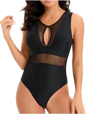 Women 2025 Tummy Control One Piece Mesh Patchwork Swimsuit Cut Out Backless High Waisted Bathing Suit Sexy Swimwear