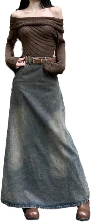 Women A-Line Jean Skirt Harajuku Y2k Vintage Denim Long Skirts