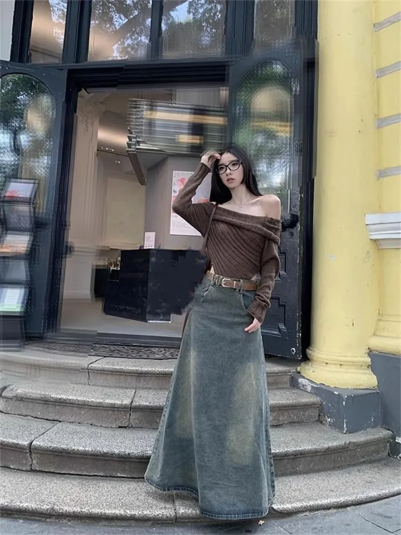 Women A-Line Jean Skirt Harajuku Y2k Vintage Denim Long Skirts