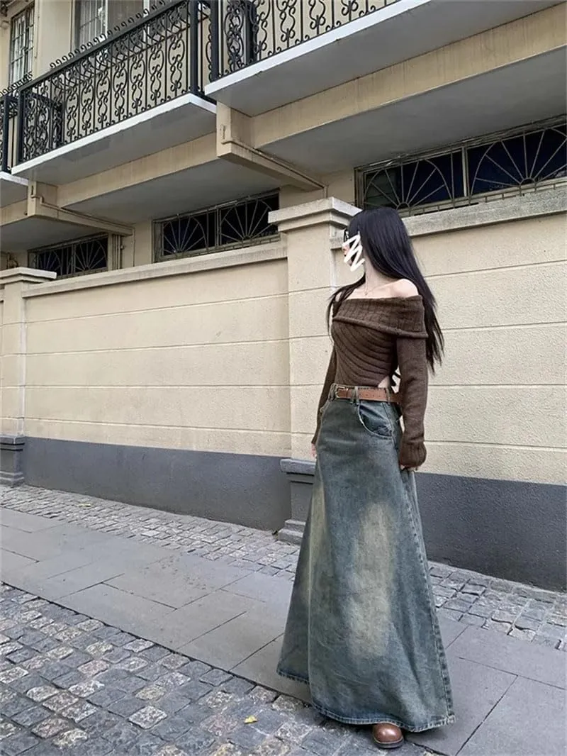Women A-Line Jean Skirt Harajuku Y2k Vintage Denim Long Skirts