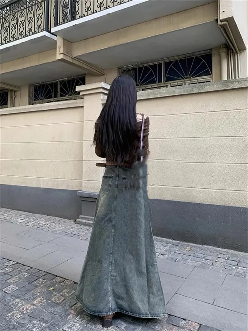 Women A-Line Jean Skirt Harajuku Y2k Vintage Denim Long Skirts