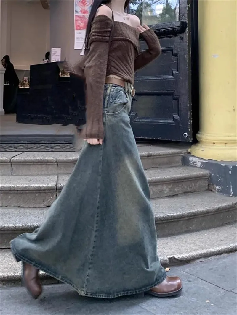 Women A-Line Jean Skirt Harajuku Y2k Vintage Denim Long Skirts