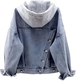 Women Blue Deconstructable Hooded Turn-Down Collar Denim Jacket Loose Button Patchwork Outwear Jean Coat