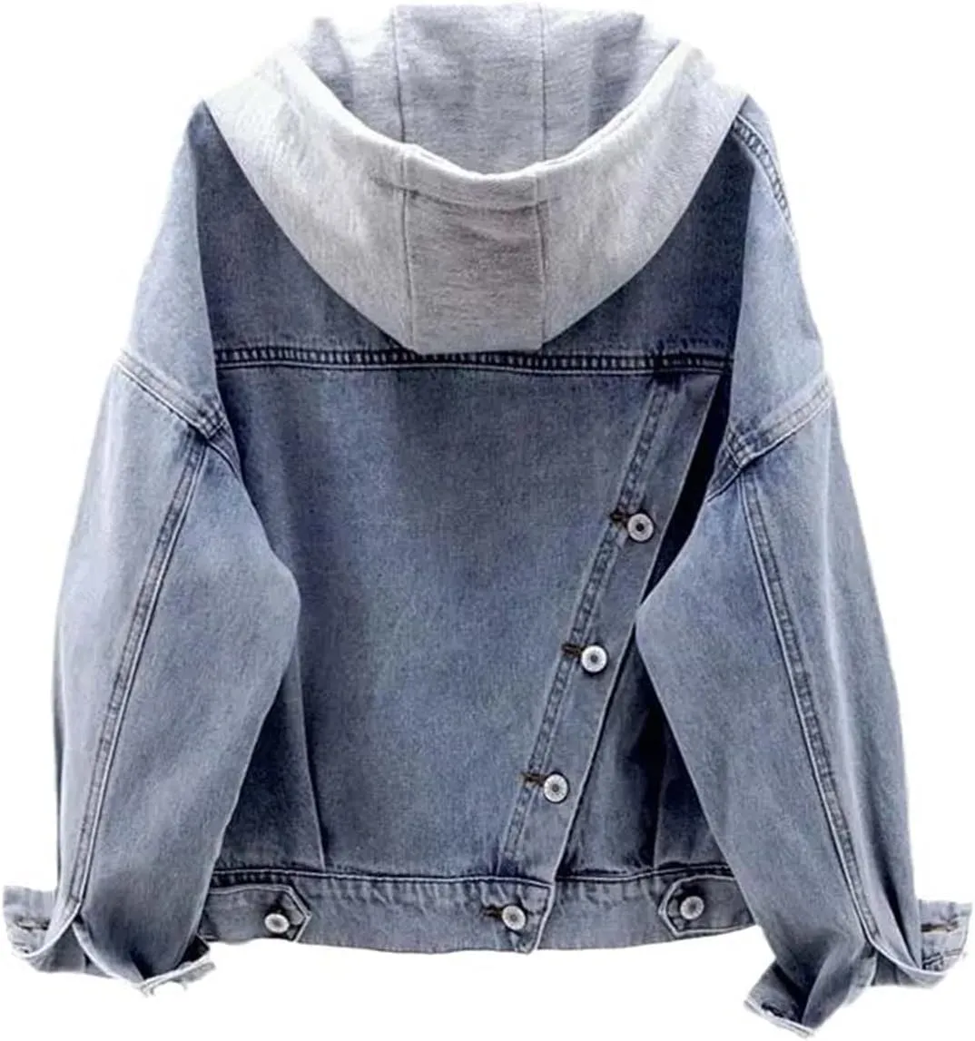 Women Blue Deconstructable Hooded Turn-Down Collar Denim Jacket Loose Button Patchwork Outwear Jean Coat
