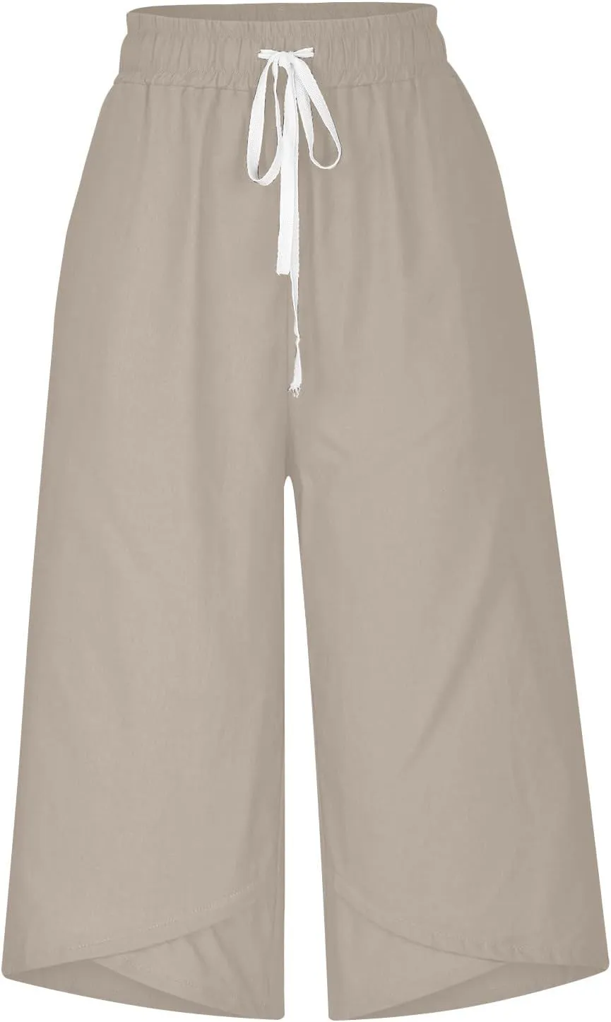 Women Capri Pants Drawstring Elastic Waisted Solid Color Trendy Summer 2025 New Cropped Straight Leg Trousers Pocket
