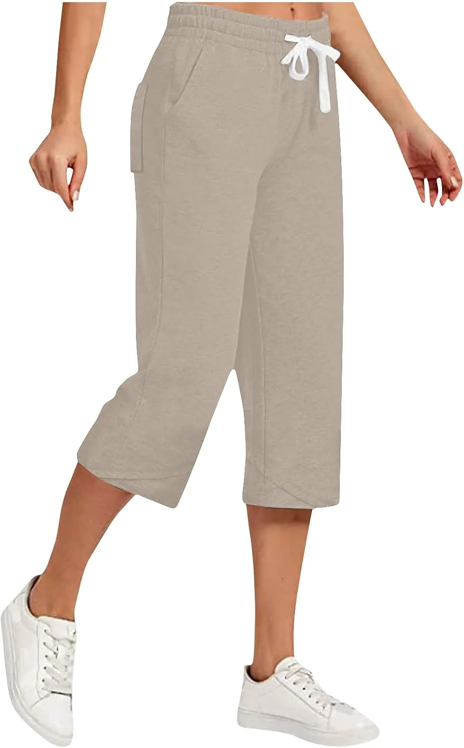 Women Capri Pants Drawstring Elastic Waisted Solid Color Trendy Summer 2025 New Cropped Straight Leg Trousers Pocket