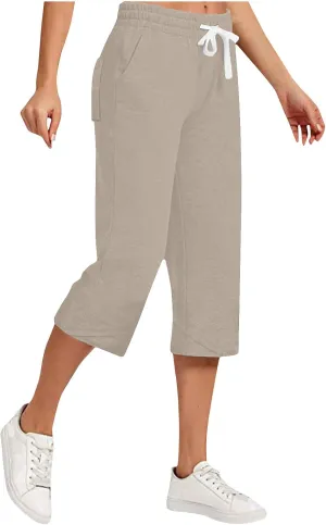 Women Capri Pants Drawstring Elastic Waisted Solid Color Trendy Summer 2025 New Cropped Straight Leg Trousers Pocket