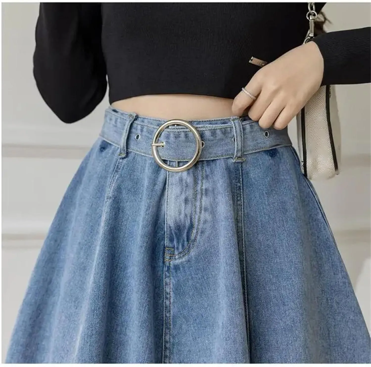 Women Casual Denim Short Skirts Chic High Waist Flared A-LINE Mini Jean Skirts with Belt