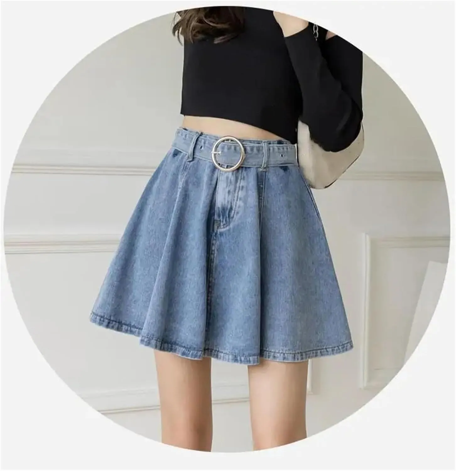 Women Casual Denim Short Skirts Chic High Waist Flared A-LINE Mini Jean Skirts with Belt