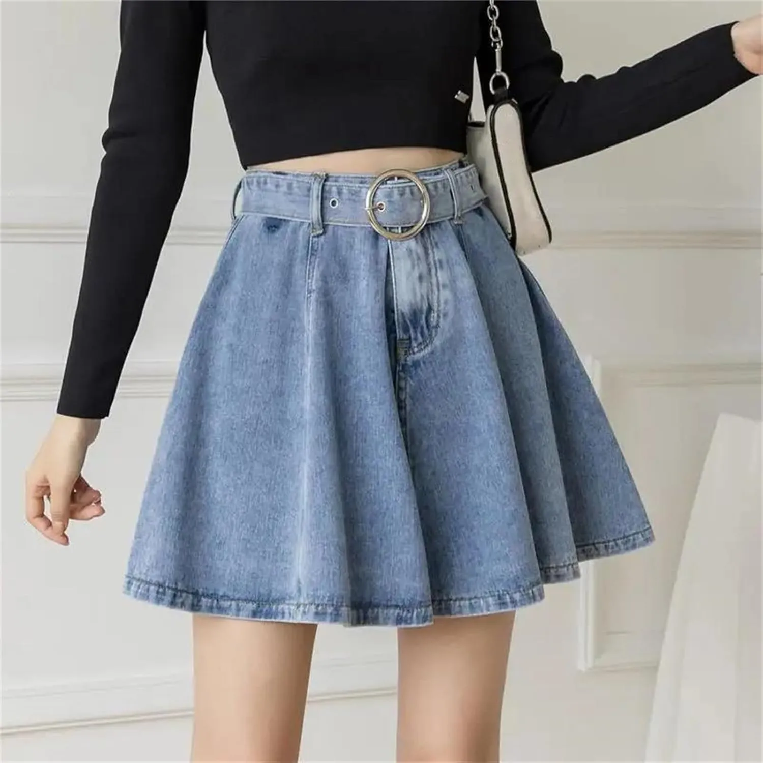 Women Casual Denim Short Skirts Chic High Waist Flared A-LINE Mini Jean Skirts with Belt