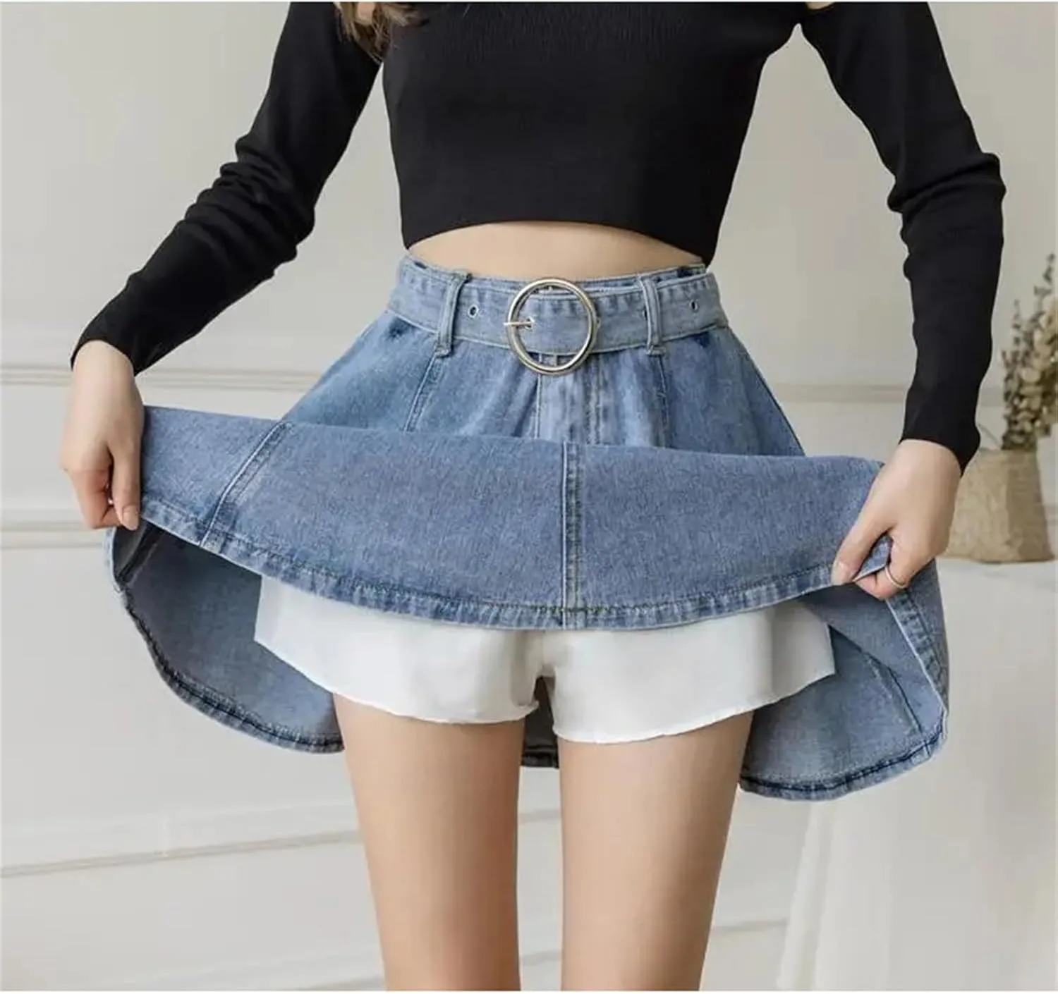 Women Casual Denim Short Skirts Chic High Waist Flared A-LINE Mini Jean Skirts with Belt