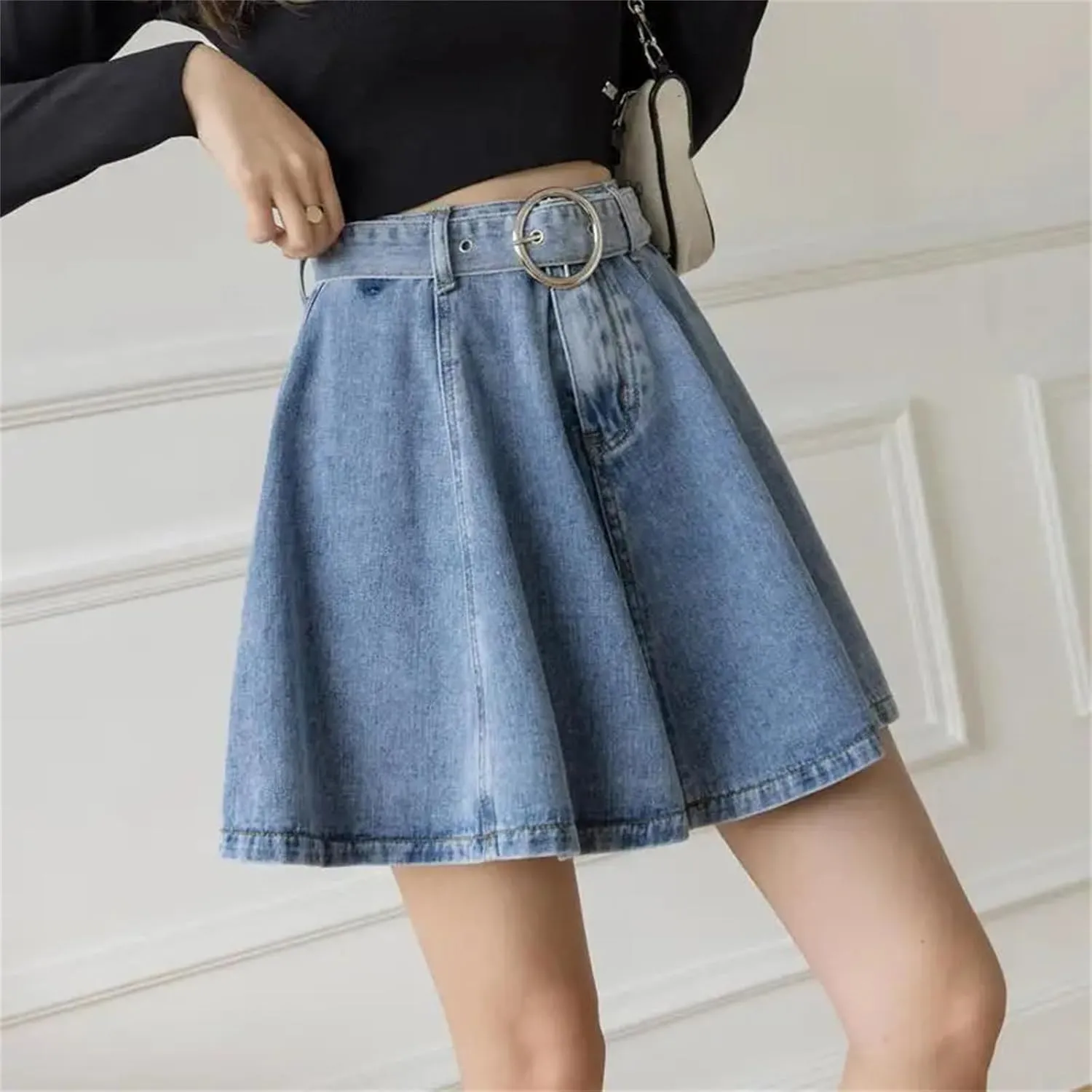 Women Casual Denim Short Skirts Chic High Waist Flared A-LINE Mini Jean Skirts with Belt