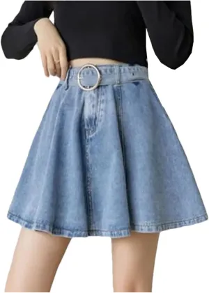 Women Casual Denim Short Skirts Chic High Waist Flared A-LINE Mini Jean Skirts with Belt