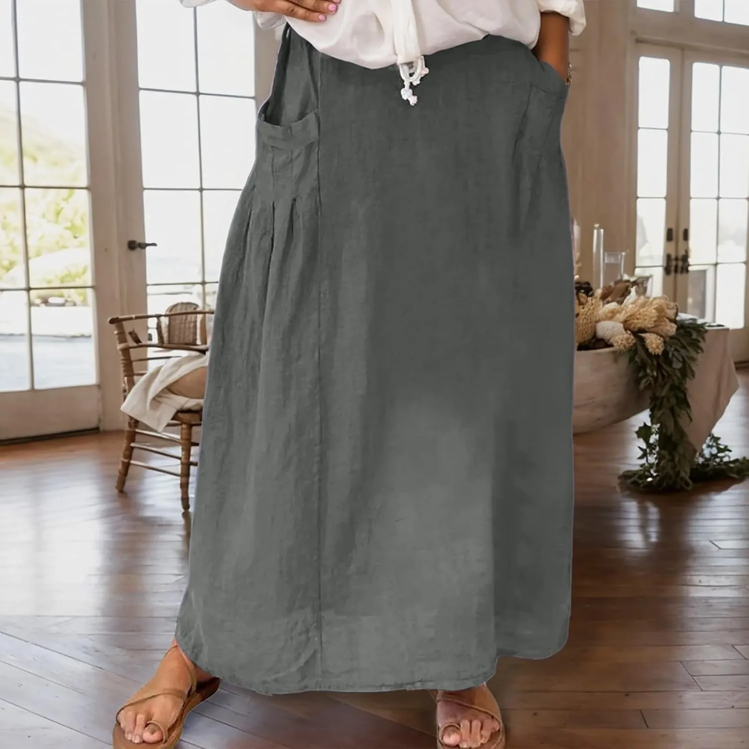 Women Casual Skirts with Pockets Plus Size Maxi Skirts High Waist Pleated Skirt Long A Line Skirts Flowy Travel