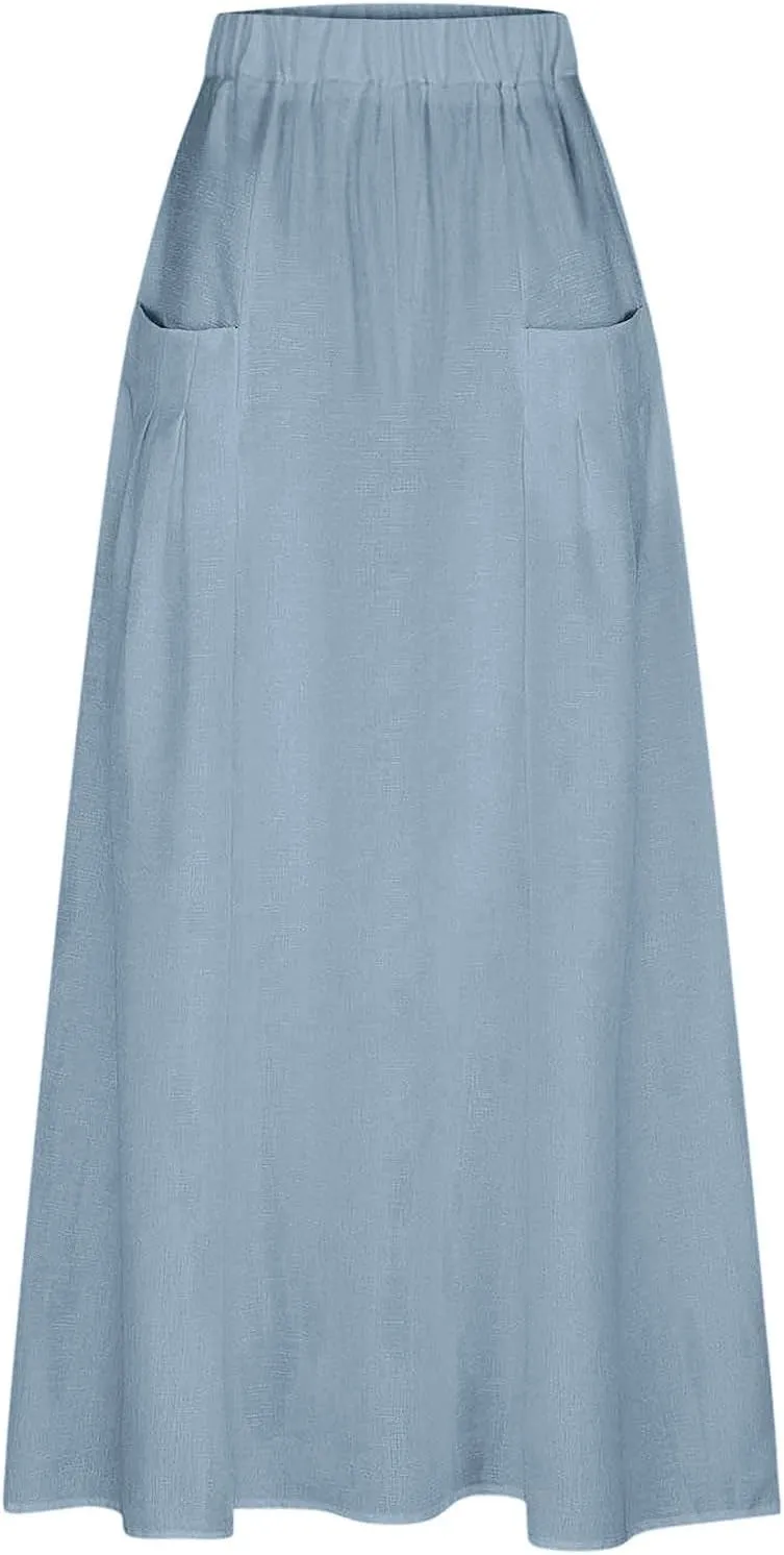 Women Casual Skirts with Pockets Plus Size Maxi Skirts High Waist Pleated Skirt Long A Line Skirts Flowy Travel