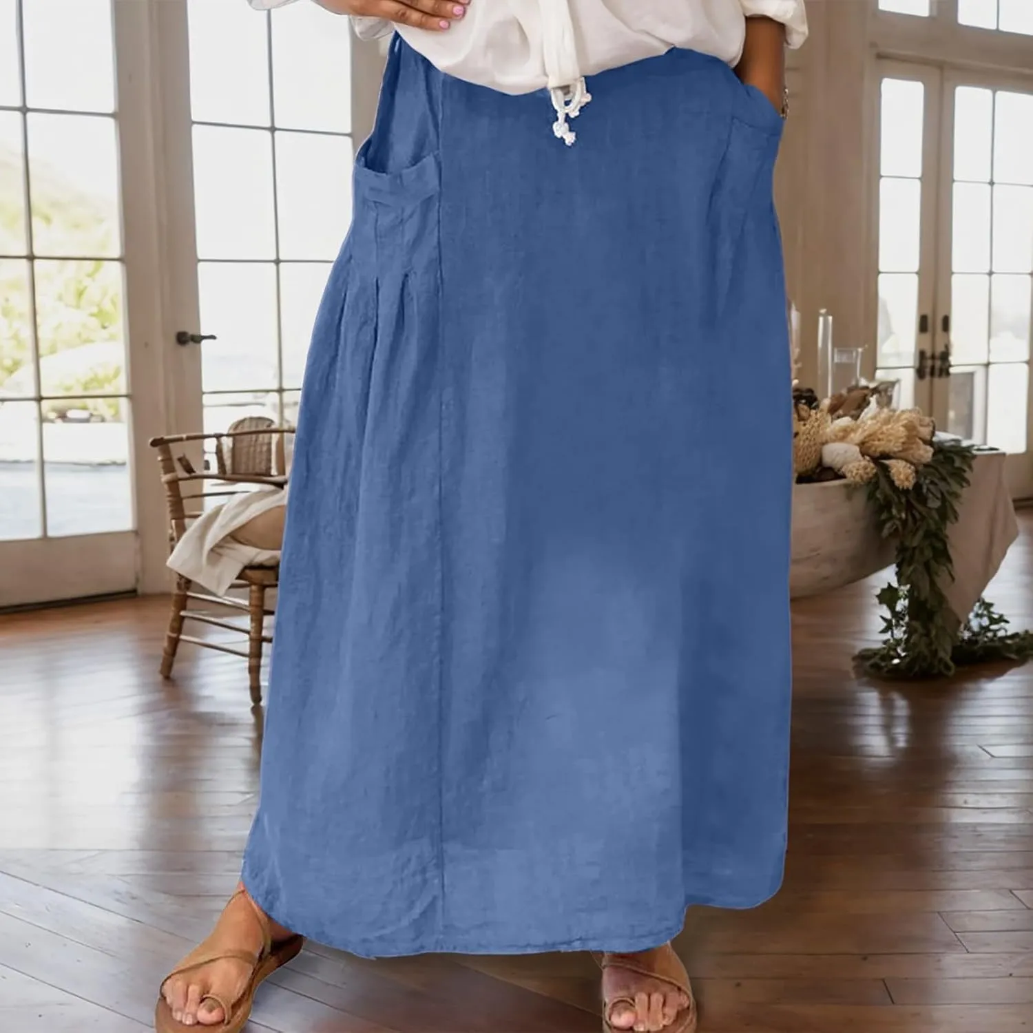 Women Casual Skirts with Pockets Plus Size Maxi Skirts High Waist Pleated Skirt Long A Line Skirts Flowy Travel