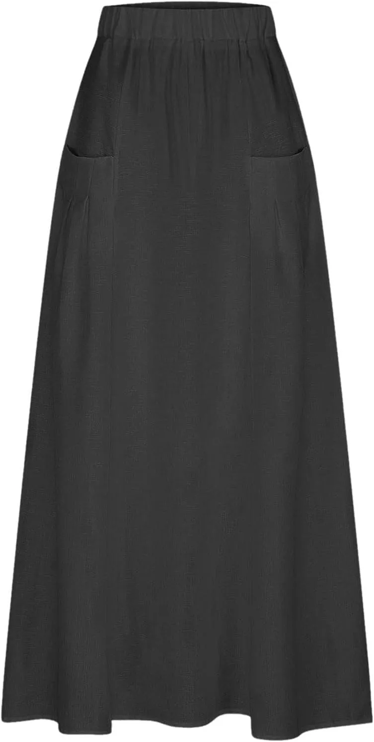 Women Casual Skirts with Pockets Plus Size Maxi Skirts High Waist Pleated Skirt Long A Line Skirts Flowy Travel
