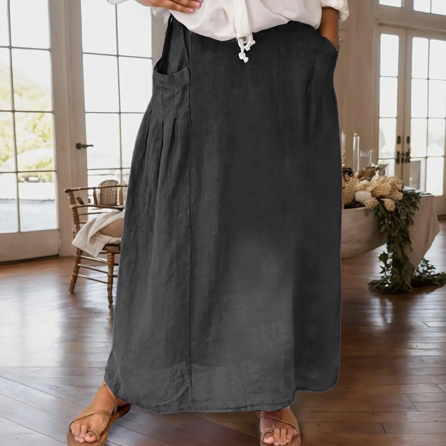 Women Casual Skirts with Pockets Plus Size Maxi Skirts High Waist Pleated Skirt Long A Line Skirts Flowy Travel