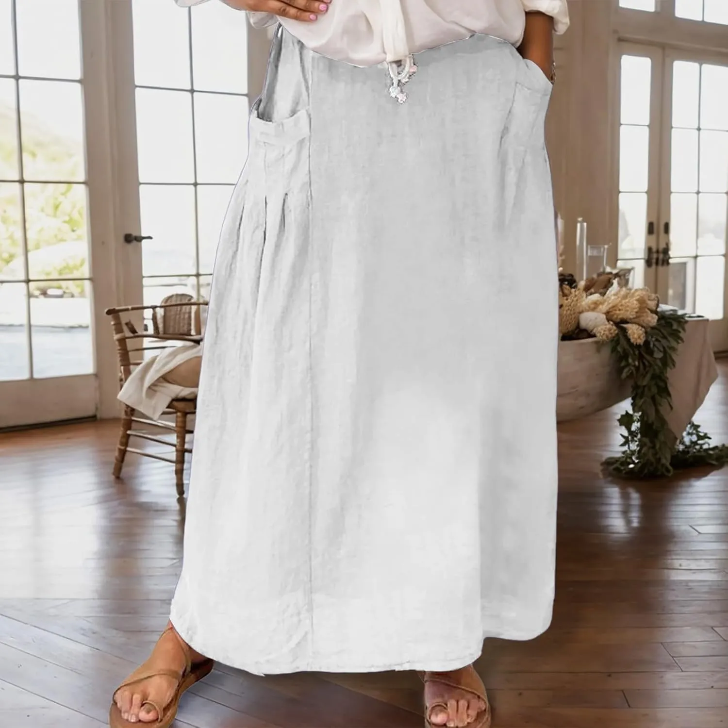 Women Casual Skirts with Pockets Plus Size Maxi Skirts High Waist Pleated Skirt Long A Line Skirts Flowy Travel