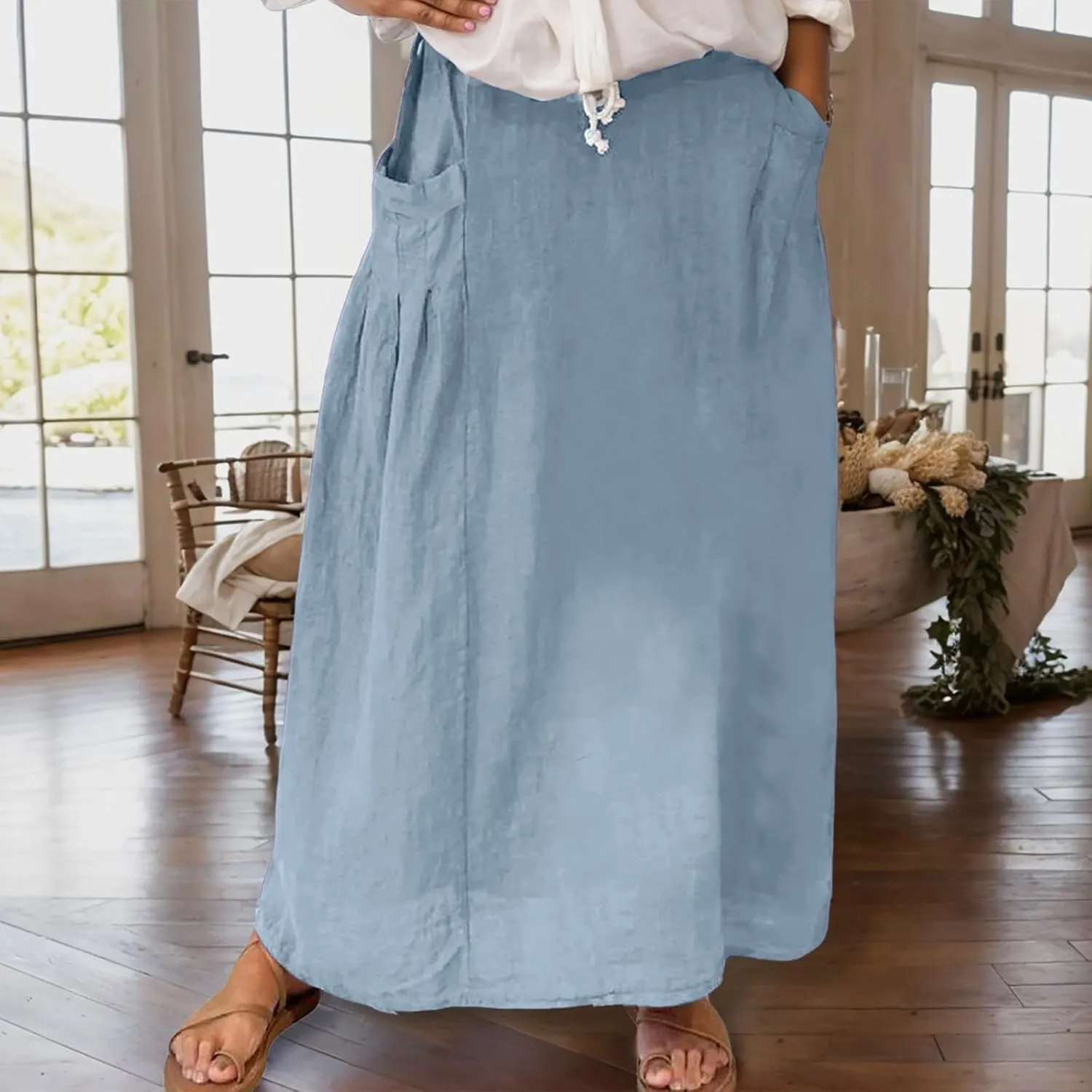 Women Casual Skirts with Pockets Plus Size Maxi Skirts High Waist Pleated Skirt Long A Line Skirts Flowy Travel