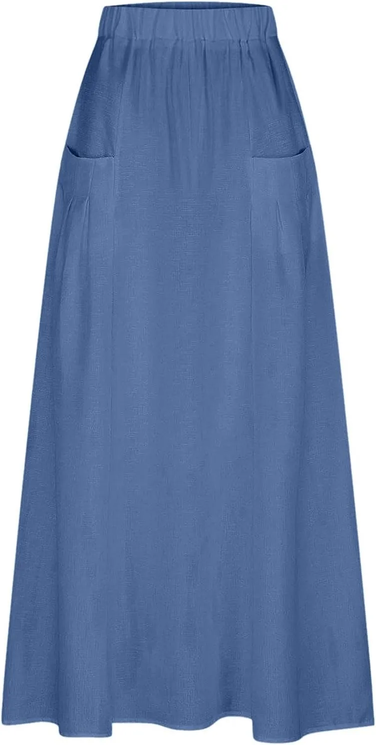 Women Casual Skirts with Pockets Plus Size Maxi Skirts High Waist Pleated Skirt Long A Line Skirts Flowy Travel