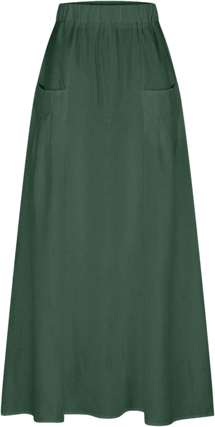 Women Casual Skirts with Pockets Plus Size Maxi Skirts High Waist Pleated Skirt Long A Line Skirts Flowy Travel