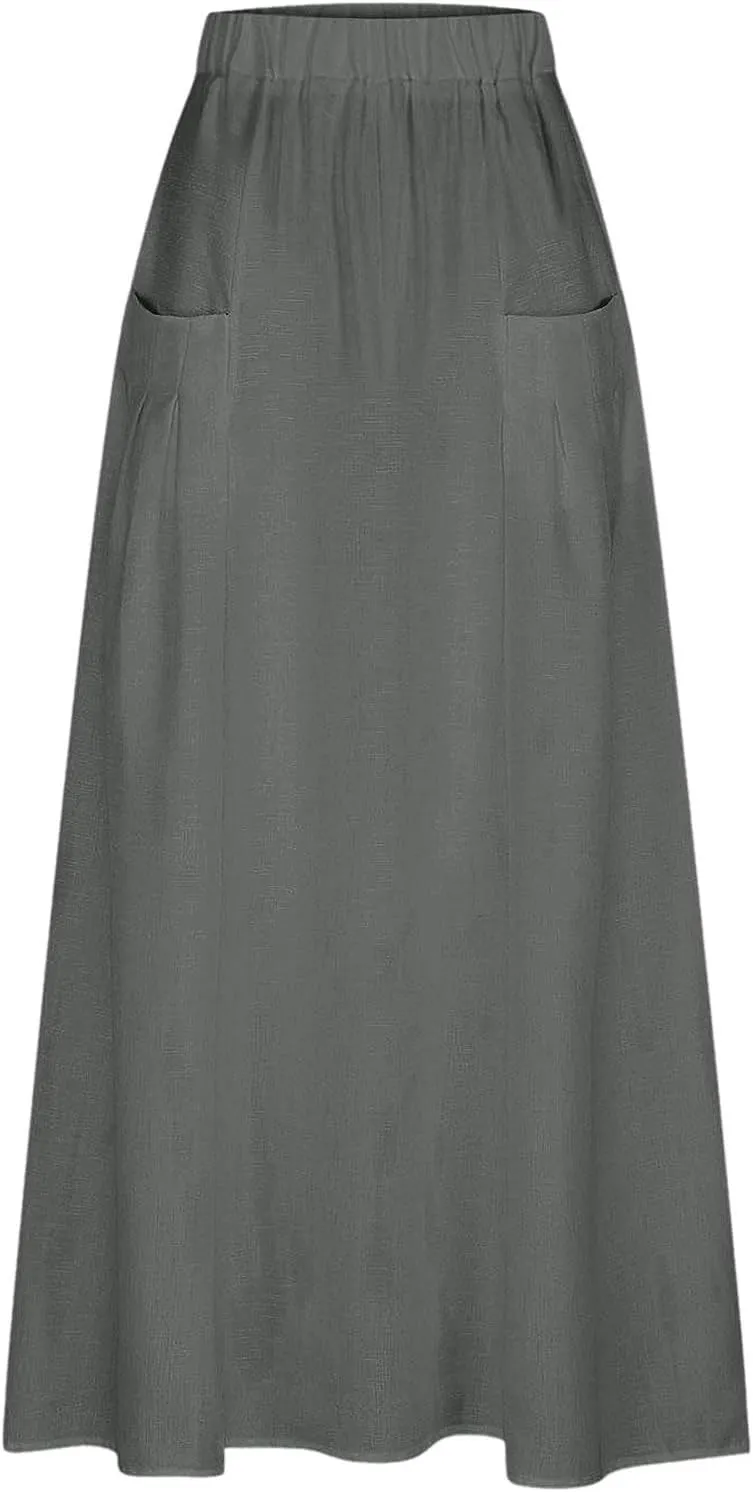 Women Casual Skirts with Pockets Plus Size Maxi Skirts High Waist Pleated Skirt Long A Line Skirts Flowy Travel