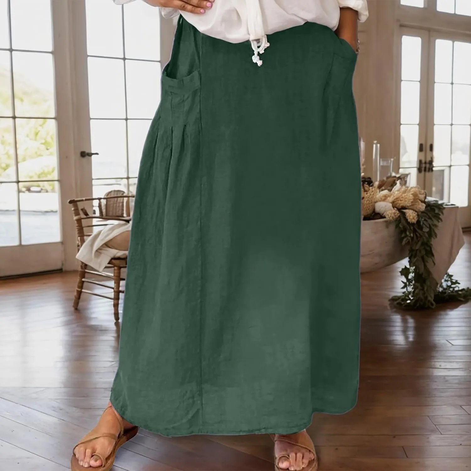 Women Casual Skirts with Pockets Plus Size Maxi Skirts High Waist Pleated Skirt Long A Line Skirts Flowy Travel