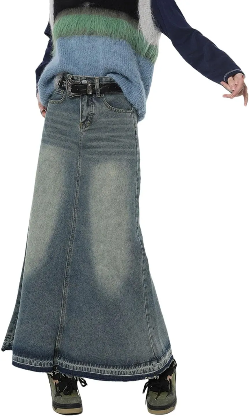 Women Denim Half Body Skirt Gradient High Waist Tassels Casual Mid Length Vintage Long Skirts