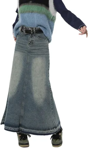 Women Denim Half Body Skirt Gradient High Waist Tassels Casual Mid Length Vintage Long Skirts